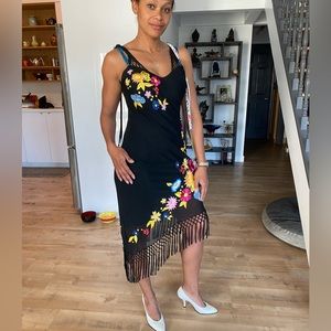 Rare vintage black Sue Wong silk fringe and embroidery floral dress size 4